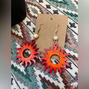 Handpainted Sunburst Red and Orange wooden tangle Earrings